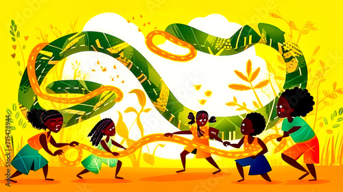 Group of people holding hands in front of green and yellow snake