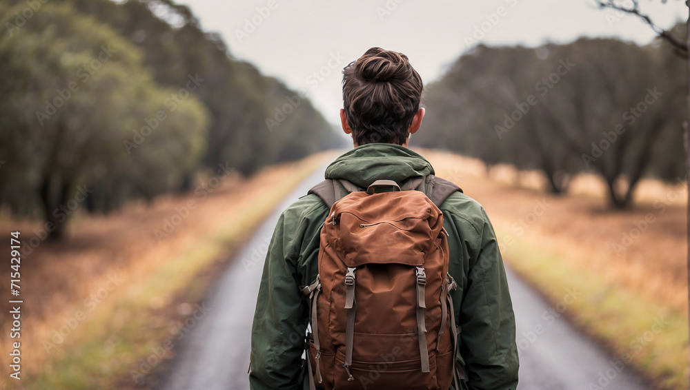 back view of a male backpacker with a village road in the background