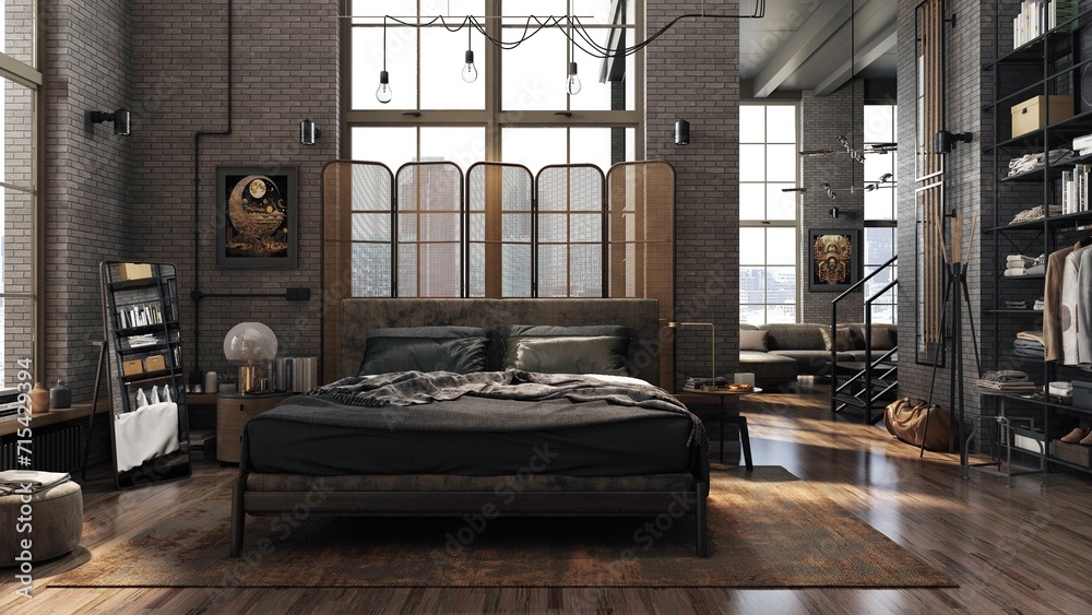 Loft bedroom interior, with the bed in the center and the living room in the background. Industrial design with large loft windows and raw bricks combined with wooden parquet floor. 3D illustration. Loft bedroom interior, with the bed in the center and the living room in the background. Industrial design with large loft windows and raw bricks combined with wooden parquet floor. 3D illustration.