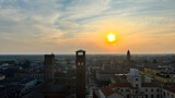 Cremona panorama of the cities seen from the Torrazzo tower at sunset
