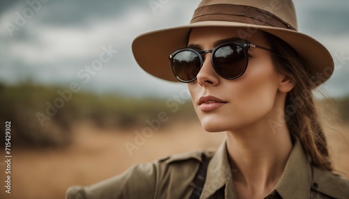 close-up Young woman with sunglasses on a safari adventure, observing wildlife