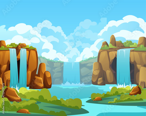 Waterfall in valley vector illustration, cartoon summer scenery with river water falling down from mountain, wild canyon