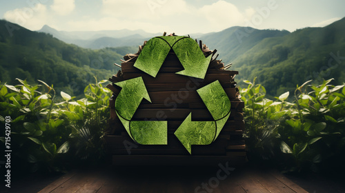shape of a recycling sign in the middle of untouched nature. An ecological metaphor for ecological waste management and a sustainable and economical lifestyle. 3d rendering.