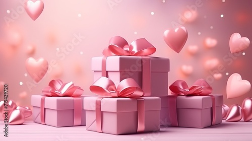 Valentine's Day design: Open present box with festive decorations inside, realistic 3D pink gift boxes © Suleyman