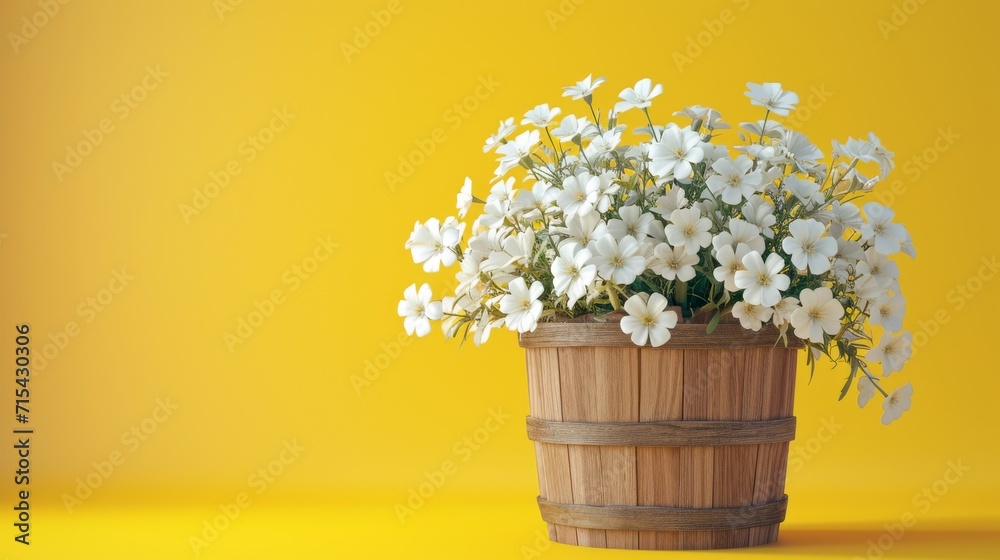 Flowers in wooden basket on yellow spring background