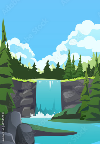 Waterfall in coniferous forest vector illustration, cartoon summer landscape with river water falling down from mountain
