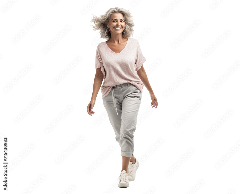 Stylish, happy, mature woman walking, cut out Stylish, happy, mature woman walking, cut out