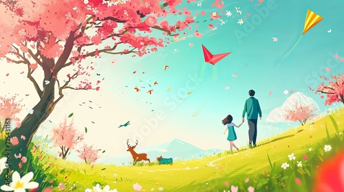 Broad view of a springtime banner. Picnic in the countryside or family trip to the park with a kite, blossoming flowers, and deer. Springtime people concept.