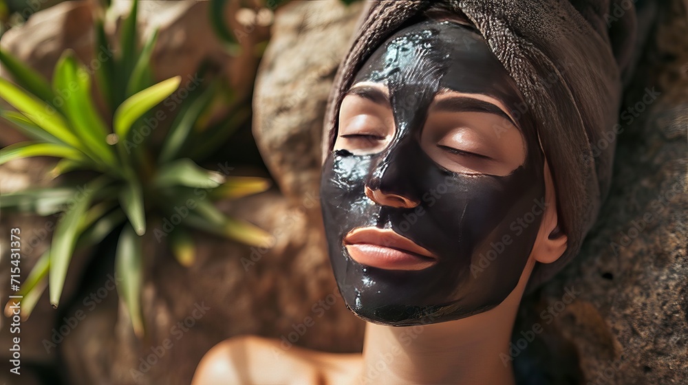 A woman wearing a charcoal face mask and unwinding A woman wearing a charcoal face mask and unwinding