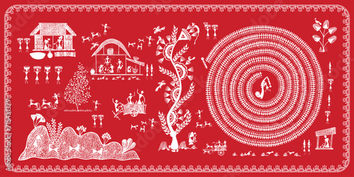 Beautiful warli painting with indian rural life. Illustration, Vector, Drawing. Rural area with beautiful nature in warli wall painting.  photo