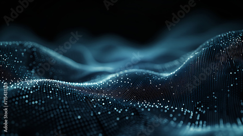 black abstract technology dots on a dark background, in the style of silver and azure, shaped canvas, flowing fabrics, selective focus