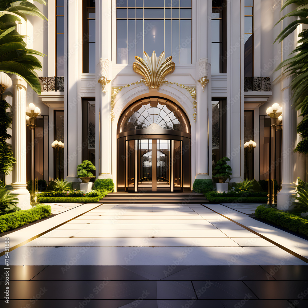 Hotel entrance, building in the city, travel destination, high-end, luxury, hotel, high quality, realistic, detailed, GenerativeAI