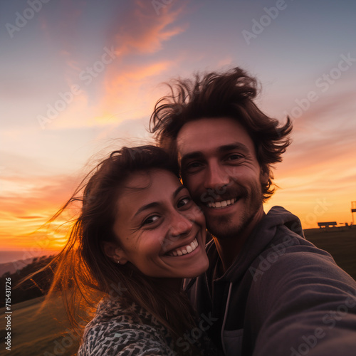 Closeup smiling happy young couple two family man woman in casual clothes hugging each other doing selfie shot pov on cellphone at sunset. On a spring day at sunset..​