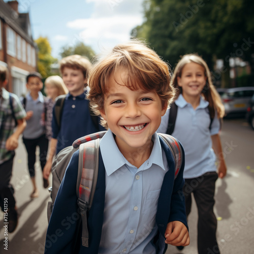 Portrait of cheerful happy young boy student with friends in background outside school. Education concept children lifestyle with backpack smiling at the camera alone.
