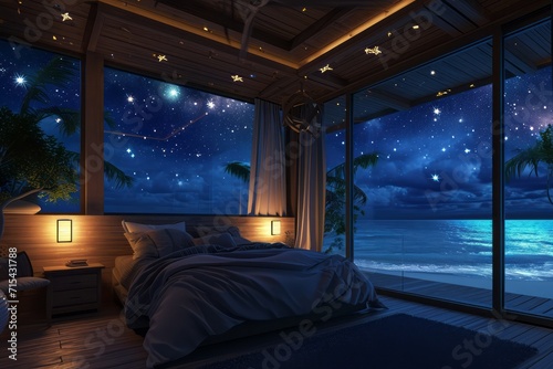 Anime background interior bedroom design including a beach theme in the summer and stars in the winter at night