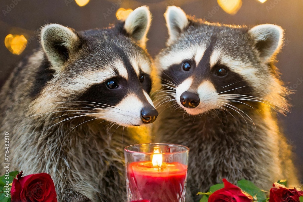 A cute racoon couple celebrating valentine's day under warm candle light