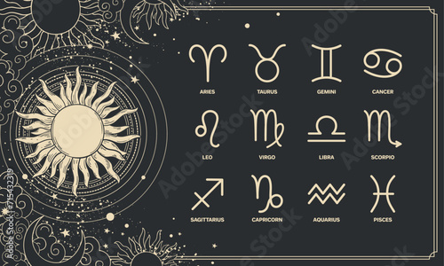 Horoscope banner with 12 zodiac sign symbols on mystical black background with sun, mystical poster, magic cover. Vector illustration.