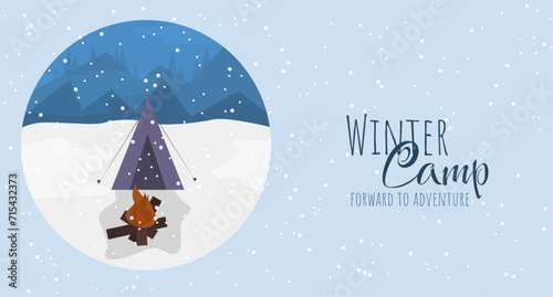 Template of banner with camping in winter. Illustration of tent with fire in mountains. Seasonal flyer for travel agency