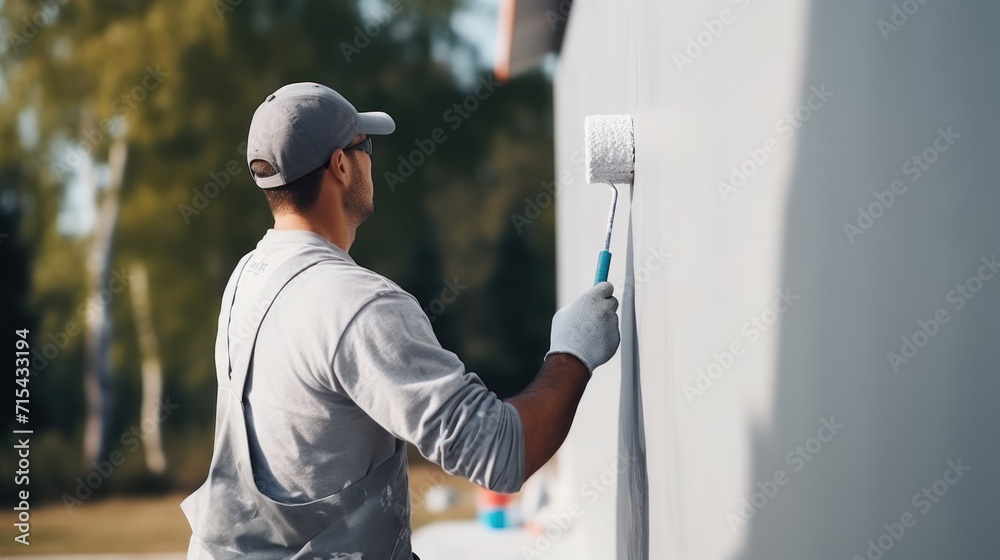  a man is painting the side of a white wall with a paint roller and a paint roller in his hand.