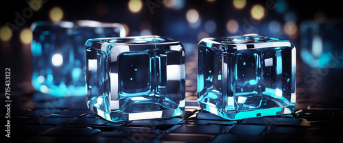 Blue glowing Cubes on the ground. 3d render, Shining, Neon