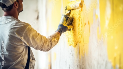  a man painting a wall with a yellow paint roller and a paint roller in his hand and a yellow paint roller in his other hand.