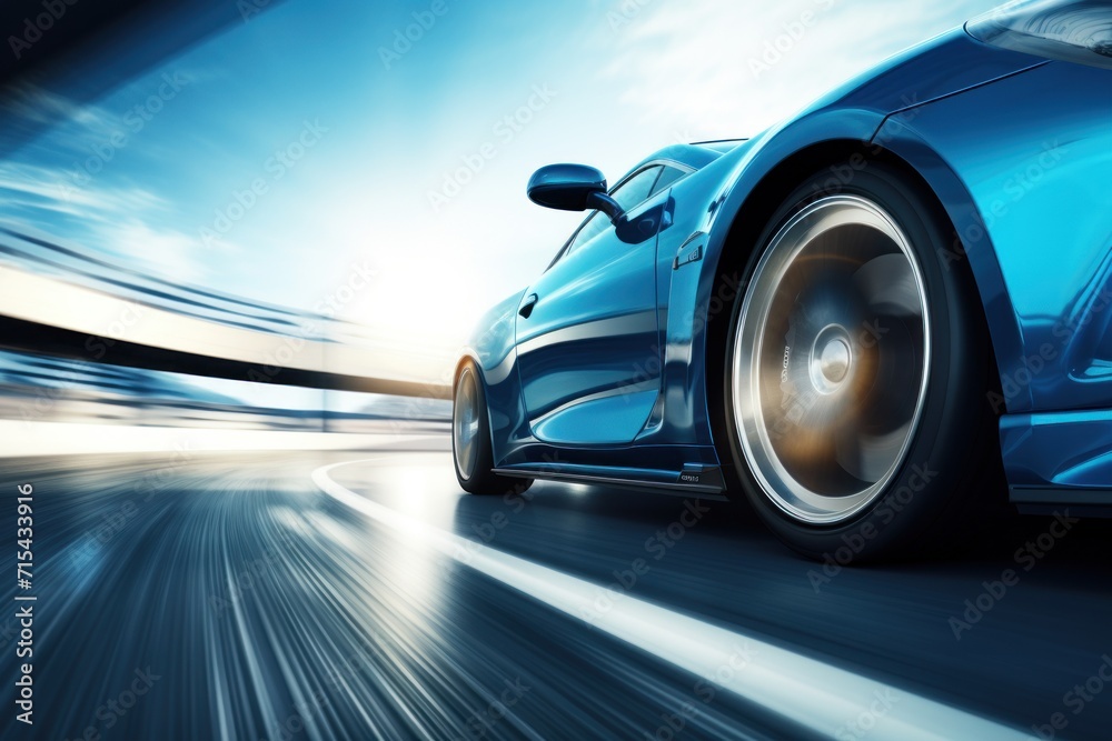  a close up of a blue car driving on a road with a blurry image of the rear end of the car.