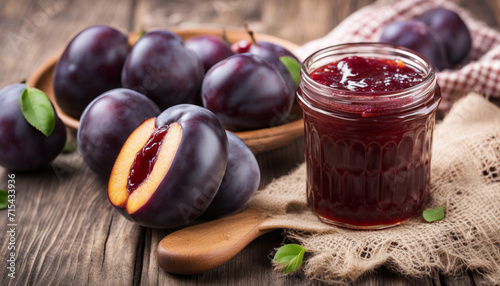 Plum jam and fresh plums on wooden background. Seasonal harvest. Close up photo