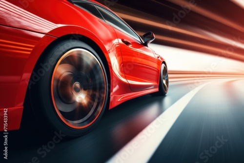  a close up of a red sports car driving on a road with blurry lights on the side of the road. © Nadia