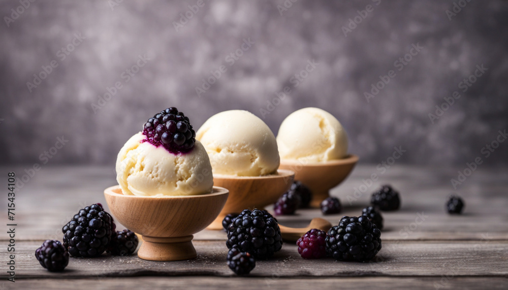 Vanilla ice cream scoops with blackberries on wooden table. Dark background. Copy space