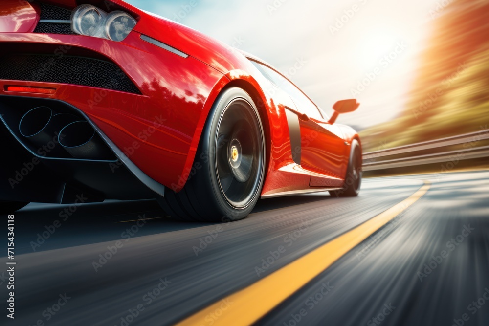  a close up of a red sports car driving on a road with blurry trees and buildings in the background.