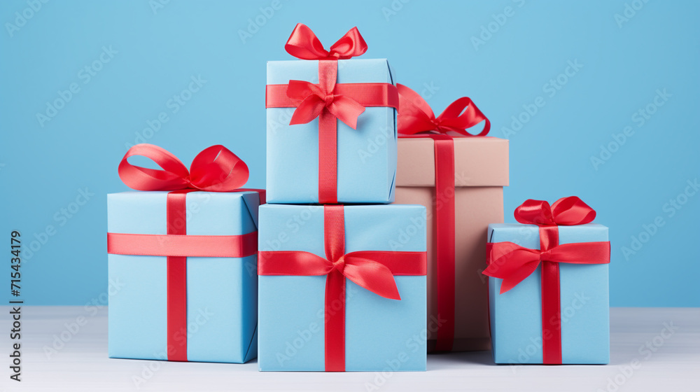 Fototapeta premium Valentine's Day background. Gift box on pastel blue background. Valentines day concept. Flat lay, top view, copy space