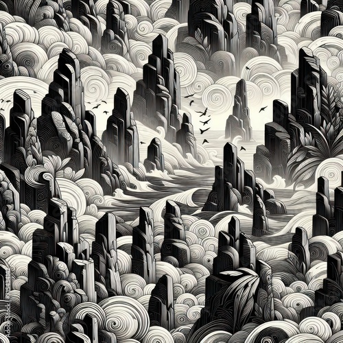 Wallpaper Illustration Art in Black & White of Rocks Cliff surrounded by Clouds flow Waves and Birds like Pencil Sketch Tile for Present Gift Wrap or Interior Design Wall or Backdrop Detail
