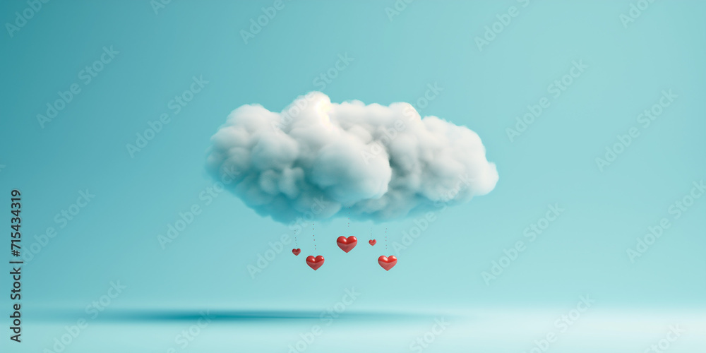 Cotton Cloud Raining Red Heart Drops on a Pastel Blue Background. Love environment concept. Valentine's Day or charity banner with copy space..