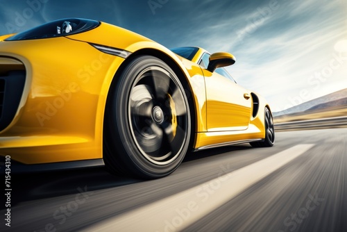 a close up of a yellow sports car driving on a road with a blue sky and clouds in the background.