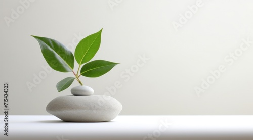 a bunch of stones  a green plant  and a white background