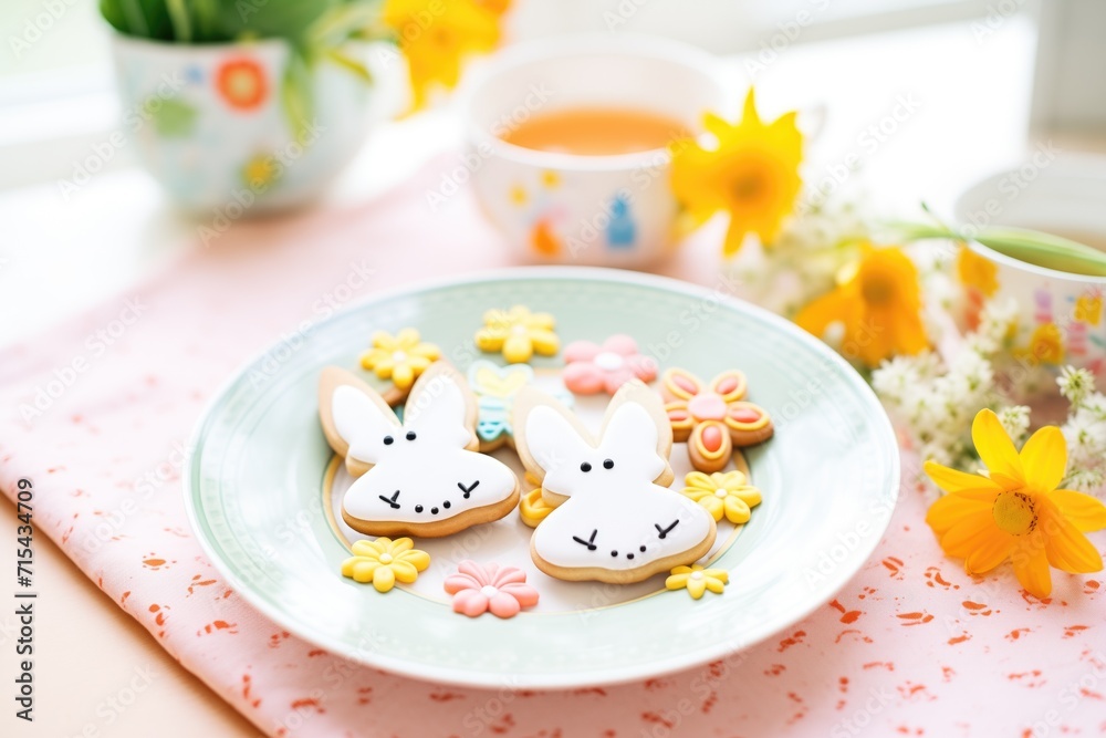 bunnyshaped cookies on a plate with spring flowers bunnyshaped cookies on a plate with spring flowers