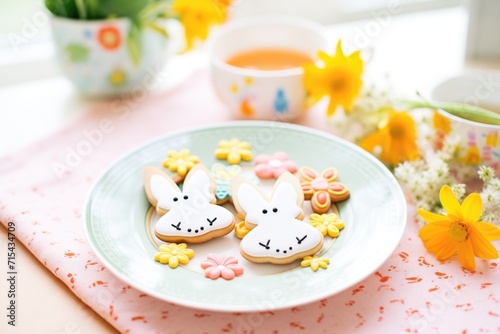 bunnyshaped cookies on a plate with spring flowers