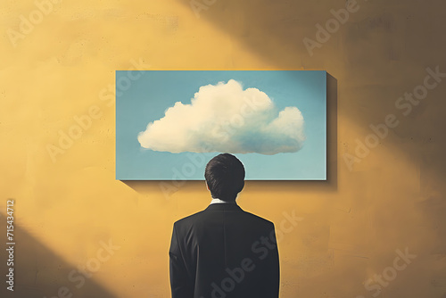Image of a man deep in thought, with a cloud in front of him against a yellow, melancholic background. Depicting the concept of feeling sad and contemplative.