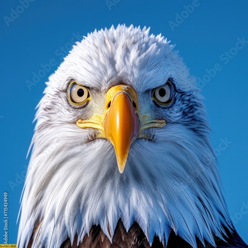 a bald eagle in front of snowy mountains.