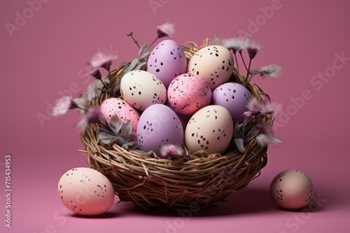  a basket filled with lots of eggs sitting on top of a pink table next to a couple of white eggs.