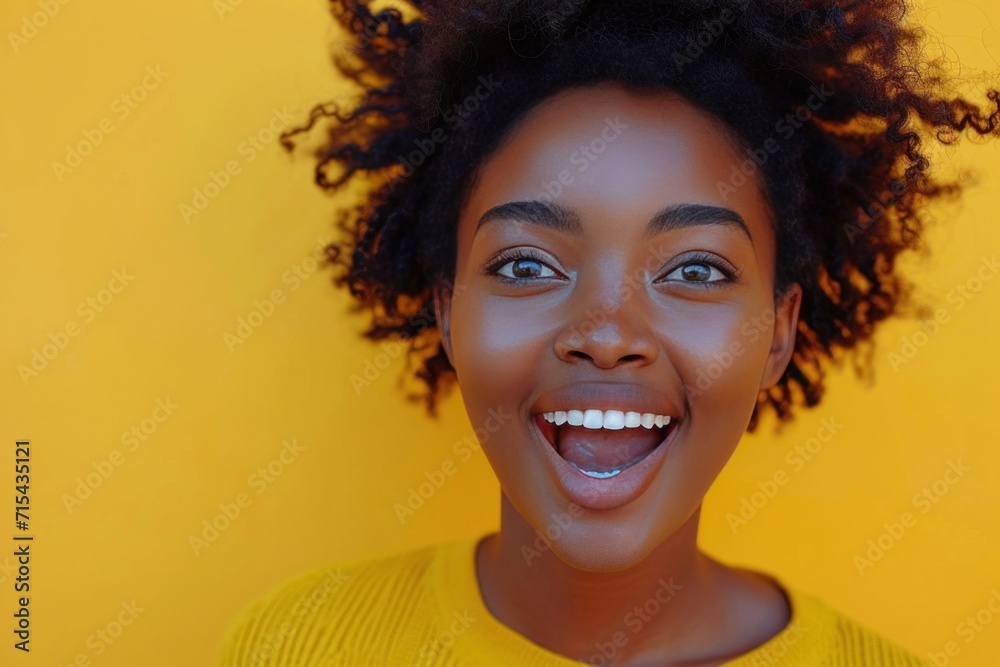 a black woman is making a face on a yellow background. a black woman is making a face on a yellow background.