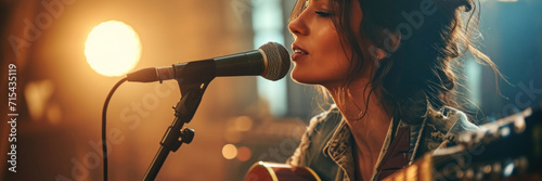 a woman is singing into a microphone with a guitar. photo