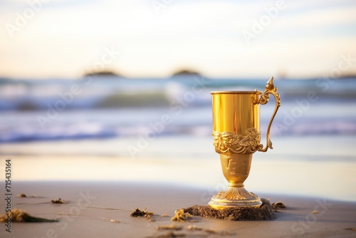 golden cup on the shore with waves in the background