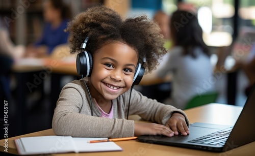 a young child is smiling at a computer writing.