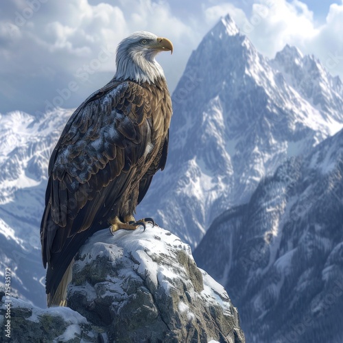 a bald eagle in front of snowy mountains.