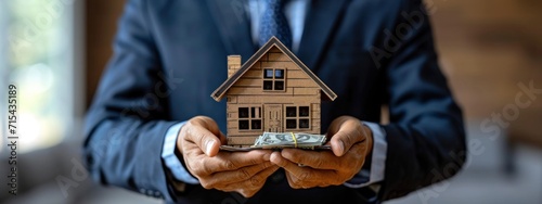 a person in a business suit holding money and making a house model.