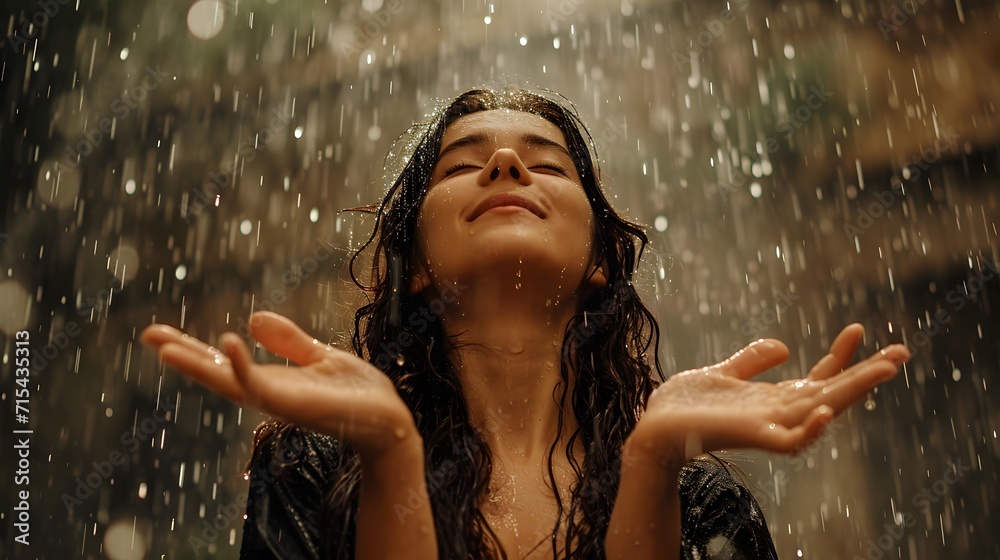 woman in the rain, a woman is standing in the rain with her arms outstretched and her eyes closed and her hands up in the air