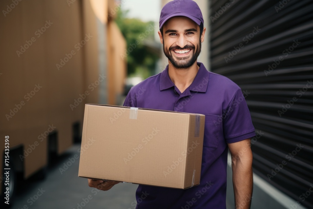 a delivery man smiling as he holds up a box. a delivery man smiling as he holds up a box.