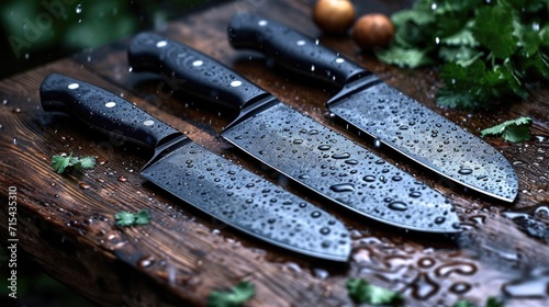 Black Damascus steel Knives on a wooden board in the rain photo