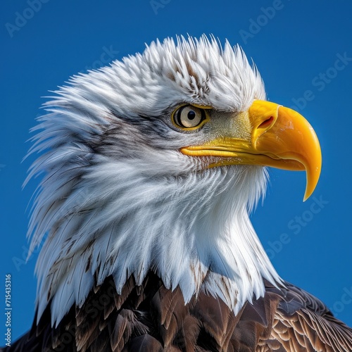 a bald eagle in front of snowy mountains.